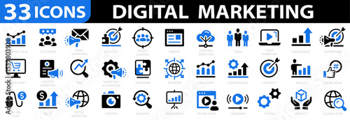 Digital marketing 33 icon set. Social, networks, feedback, communication, marketing, ecommerce. Vector illustration.