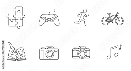 Set of bold line icons representing various hobbies and interests including puzzle, video game controller, running, and biking.