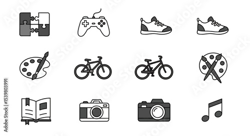 Set of bold line icons representing various hobbies and interests including puzzle, video game controller, running, and biking.