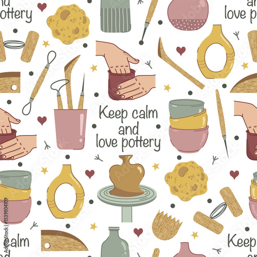 Pottery seamless vector pattern. Master sculpts from clay. Sponge, ceramic vases, dishes, porcelain jug. Hands molding a mug, clay cutting wire. Tools for homemade creation. Hobby background for print