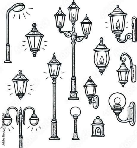 Vintage Street Lamp Vector Illustration Set in Classic Design Style