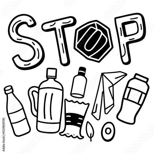 plastic pollution   stop line art  art on white background