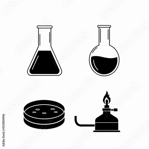 Illustration of laboratory equipment including flasks petri dish and bunsen burner in black and white