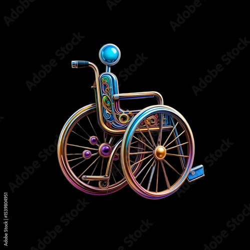 Ornate, colorful wheelchair in 3d.