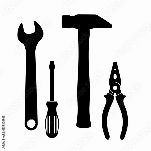 Silhouette of a wrench, screwdriver, hammer, and pliers tools arranged vertically