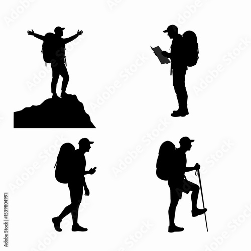 Silhouette of hikers in various poses including map reading and mountain climbing view