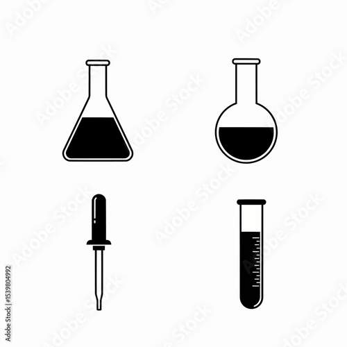 Illustration of laboratory equipment including flasks pipette and test tube in black and white