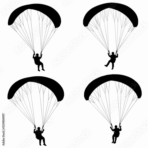 Four silhouettes of people paragliding with parachutes against a white background view