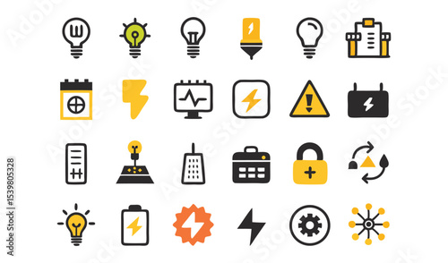 Electricity power energy icons set flat design