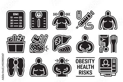 Obesity Health Risks line icon set. Vector pictograms of BMI chart, body weighing scale, diabetes, cholesterol problems, high blood pressure, fast food, mental health thin linear illustration.