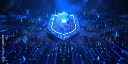 A blue and white digital circuit board with a glowing blue light and a white shield with a lock icon in the center
