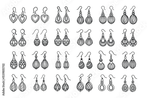 Twenty-four elegant dangle earring designs isolated on a white background. Perfect for use in fashion blogs, jewelry catalogs, e-commerce, branding materials, packaging, social print advertisements.