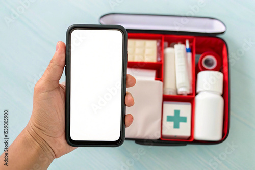 Smartphone Mockup with First Aid Kit: Digital Health Concept photo