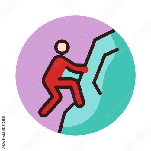 Climber ascending rock face in colorful circular design  