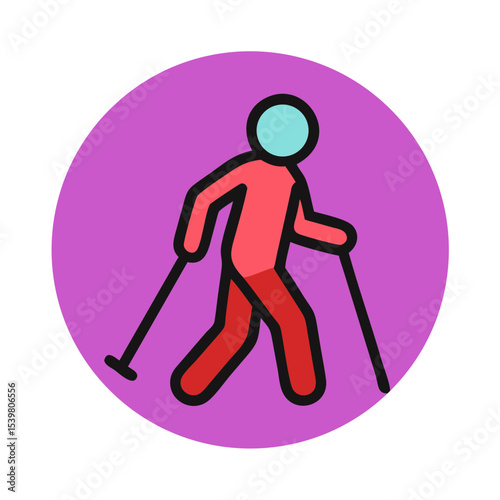 Stick figure walking with crutches on purple circular background  