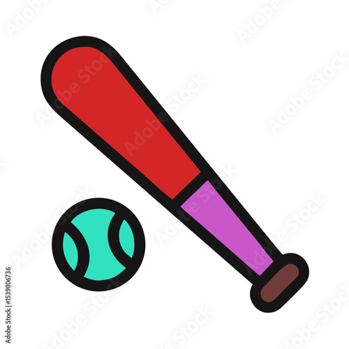 Red baseball bat and green tennis ball in flat design  