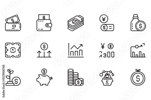 Finance line icon set. Vector pictograms of money, wallet, banking tools, currency symbols, investment chart, financial services, piggy bank, dollar thin linear illustration. 