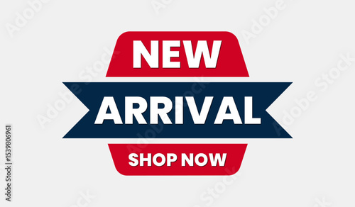 Stylish Vector Banner with New Arrival Text Framed by Ribbons and Geometric Motifs on White. Blue and Red  E-Commerce Editable Banner