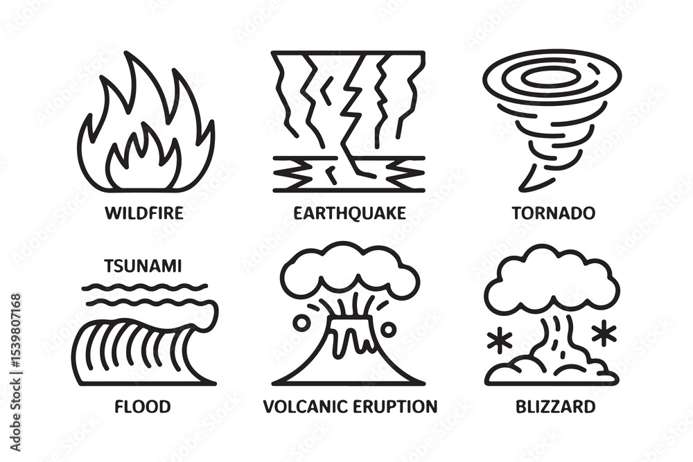Disaster, weather hazard line icon set. Vector pictograms of natural and environmental calamities, wildfire, earthquake, tornado, flood, tsunami, volcanic eruption, blizzard thin linear illustration.