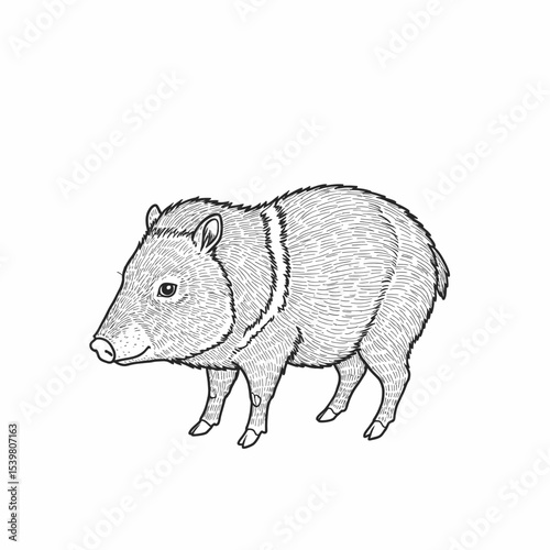 An intricate peccary sketch showcasing a detailed animal figure. The drawing features fine lines and shading to highlight the peccary's fur and form, set against a simple background with grass. Repres