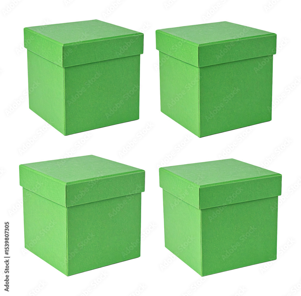 Fototapeta premium Four Smooth Green Gift Boxes Standing Proudly on a White Surface, Isolated on Transparent Background