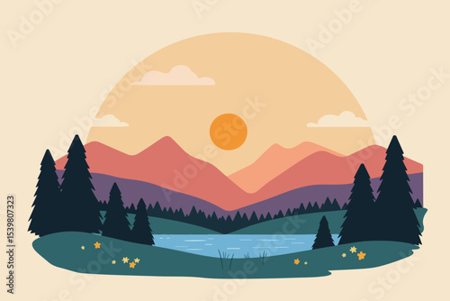 Mountain Landscape with Lake and Sunset