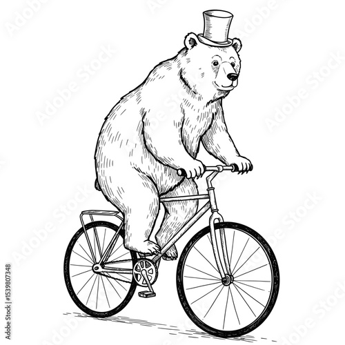 A detailed sketch of a bear riding a bicycle while wearing a party hat. The black-and-white illustration offers a whimsical and festive scene, perfect for celebration and fun themes