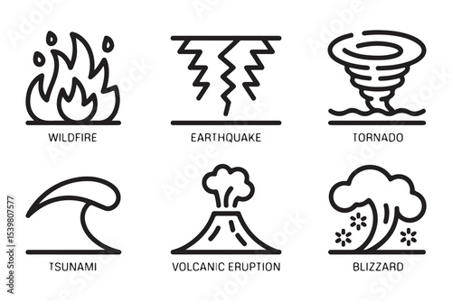Disaster, weather hazard line icon set. Vector pictograms of natural and environmental calamities, wildfire, earthquake, tornado, flood, tsunami, volcanic eruption, blizzard thin linear illustration.