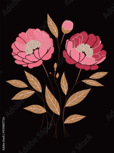 Stylized Pink and Red Peony Bouquet on Black Background
