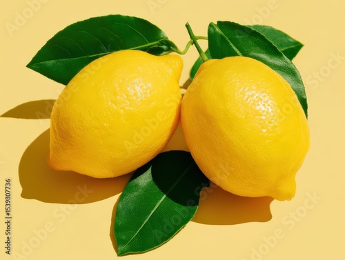 Freshly harvested lemons with vibrant yellow skin and lush green leaves resting on a bright yellow background radiating summer freshness and citrus vitality captured with clarity