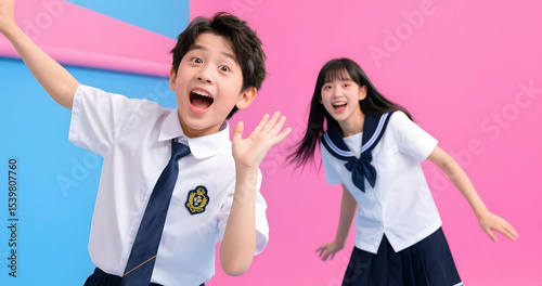 Écoliers asiatiques dans des postures amusantes vêtus de leur uniforme scolaire, isolés sur fond rose et bleu