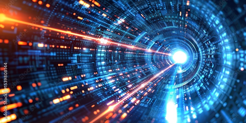 A futuristic, digital tunnel with a blue and orange light at the end, surrounded by a grid of glowing, pixelated lights and a bright, glowing light at the far end A futuristic, digital tunnel with a blue and orange light at the end, surrounded by a grid of glowing, pixelated lights and a bright, glowing light at the far end