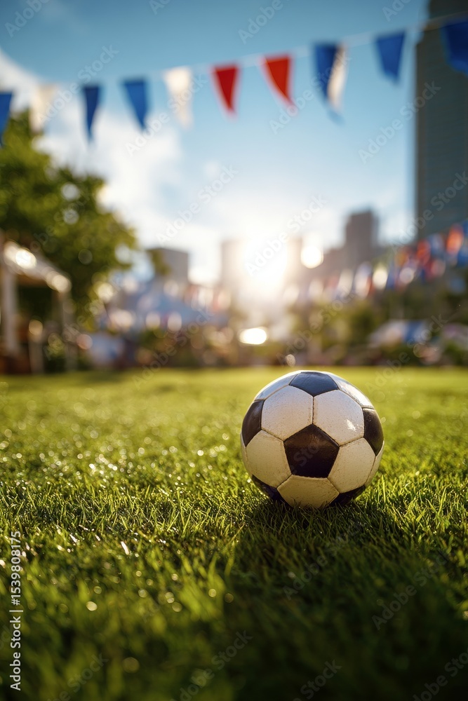 Obraz premium Soccer Ball Resting on Green Grass With Colorful Flags in a City Park During a Sunny Afternoon.