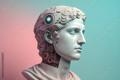 Classical marble bust with futuristic cybernetic enhancements and glowing eye on gradient blue and pink background