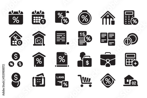 Loan, finance icon set. Vector glyph pictograms of mortgage, percentage, loan agreement, money bag, repayment, banking, credit, interest rate black silhouette illustration. 