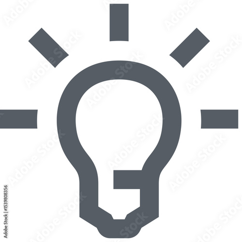 Illustration of a gray lightbulb with light rays emanating from it on a white background symbol idea