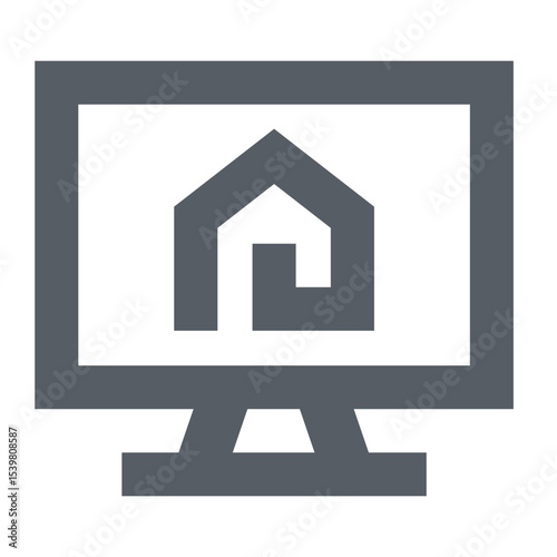 Illustration of a computer monitor displaying a house icon with a unique spiral design element inside