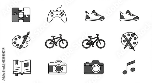 Set of bold line icons representing various hobbies and interests including puzzle, video game controller, running, and biking.