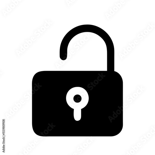 Black icon of an open padlock symbolizing access granted, unlocked state, or reduced security settings in digital or physical systems.
