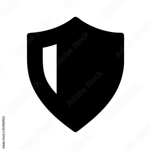 Black silhouette of a shield icon representing cybersecurity, protection, privacy, and secure access in digital or physical contexts.
