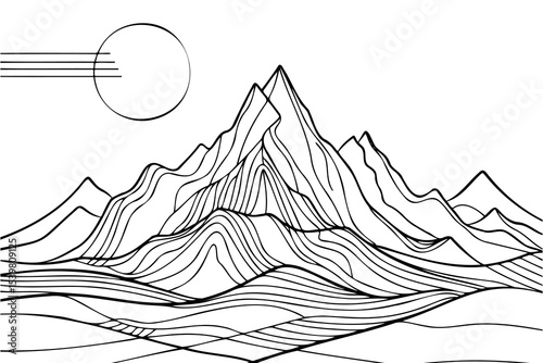 Line Art Mountain Landscape with Sun