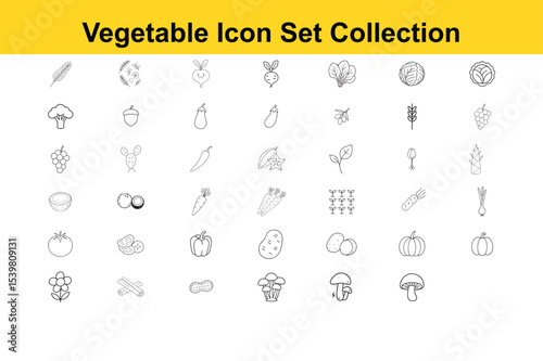 Diverse Vegetable and Plant Icon Collection in Black and White Outline Style for Culinary and Agricultural Designs