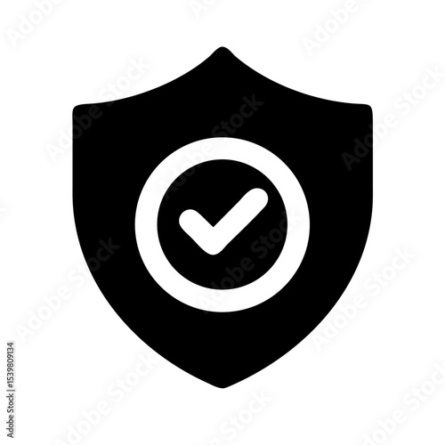Black vector shield icon with a centered check mark symbol representing protection, security, and verified access approval.

