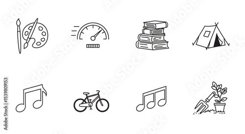 Black outline icon collection showing different activities such as painting, speedometer, books, and pets on a white background.