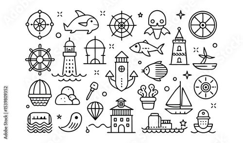 Nautical line art icons collection sea ocean travel