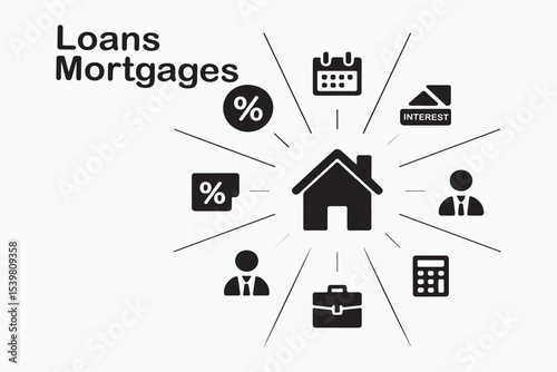 Loan, finance icon set. Vector glyph pictograms of mortgage, percentage, loan agreement, money bag, repayment, banking, credit, interest rate black silhouette illustration. 