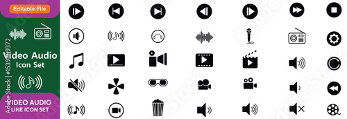 Video Audio Line Editable icon set. Editable stroke. Vector illustration