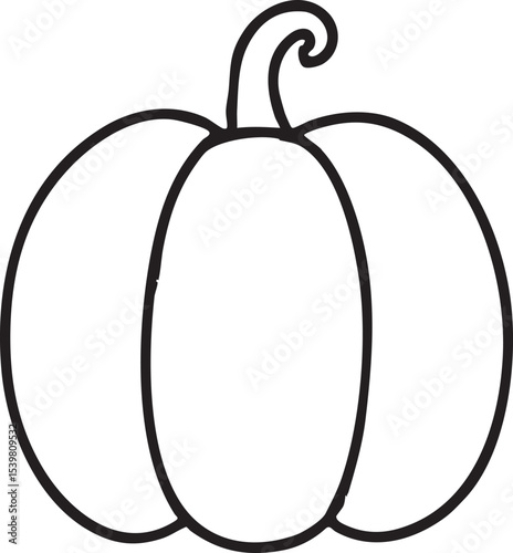 Simple Black and White Pumpkin Outline Illustration for Coloring Pages and Fall Themed Designs with Curled Stem