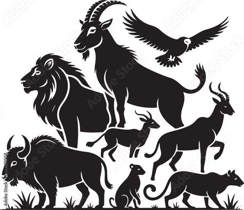 Collection of wild animal silhouettes including deer, horses, goats, and other farm and pet mammals, in a vector illustration set