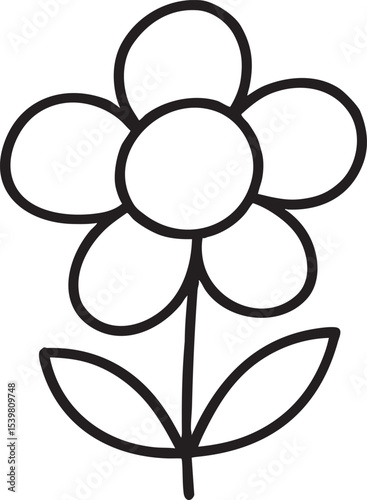 Simple Black and White Flower Outline with Five Petals and Two Leaves on a Stem basic